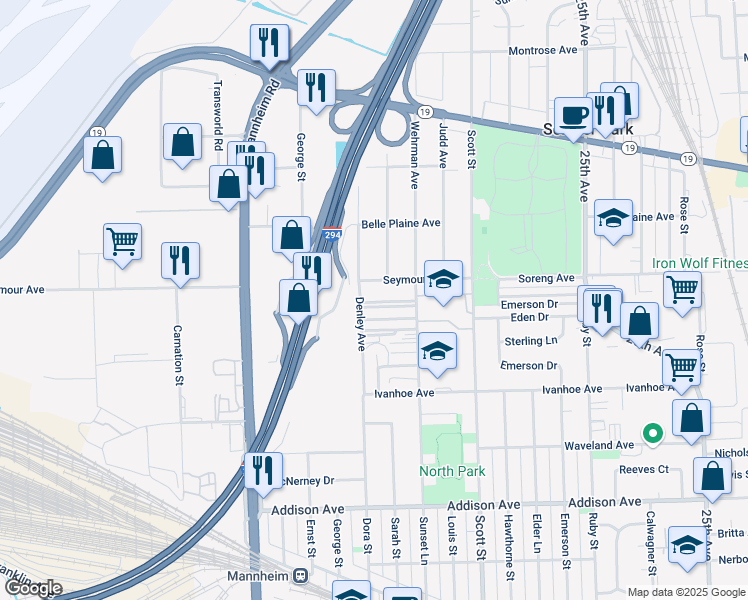 map of restaurants, bars, coffee shops, grocery stores, and more near 3957 Denley Avenue in Schiller Park