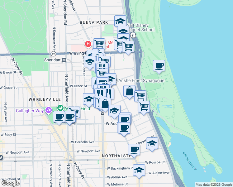 map of restaurants, bars, coffee shops, grocery stores, and more near 3726 North Pine Grove Avenue in Chicago