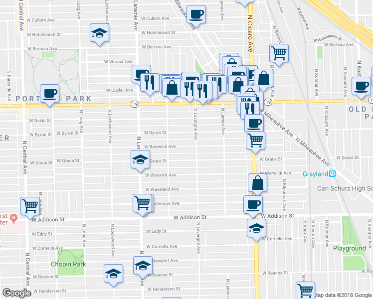 map of restaurants, bars, coffee shops, grocery stores, and more near 5019 West Berenice Avenue in Chicago