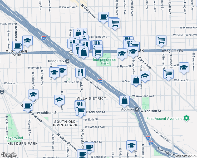 map of restaurants, bars, coffee shops, grocery stores, and more near 3813 North Springfield Avenue in Chicago