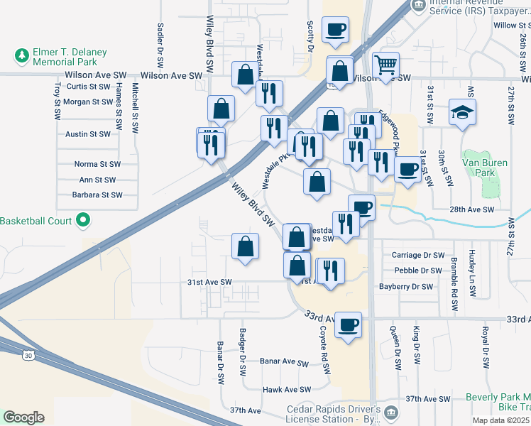 map of restaurants, bars, coffee shops, grocery stores, and more near 2761 Wiley Boulevard Southwest in Cedar Rapids