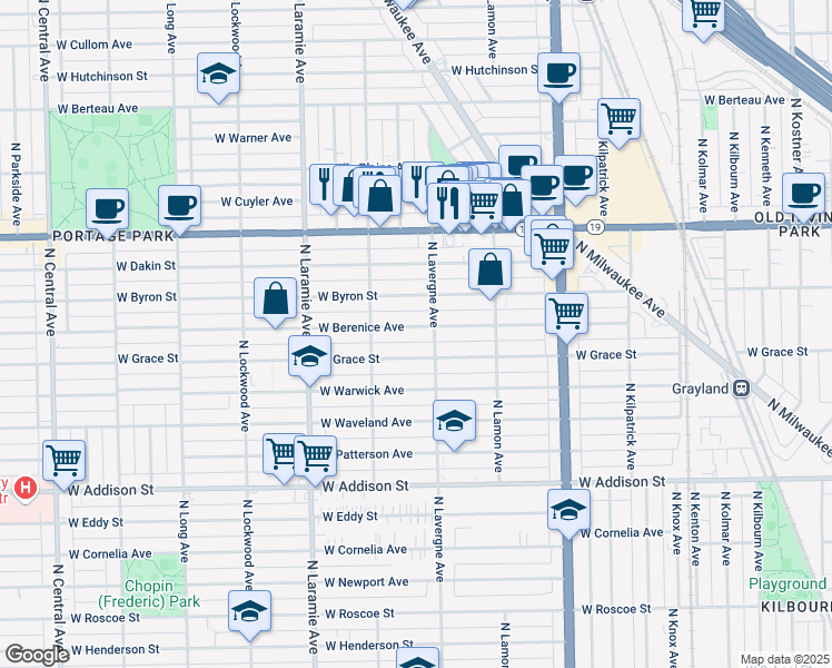 map of restaurants, bars, coffee shops, grocery stores, and more near 5017 West Berenice Avenue in Chicago