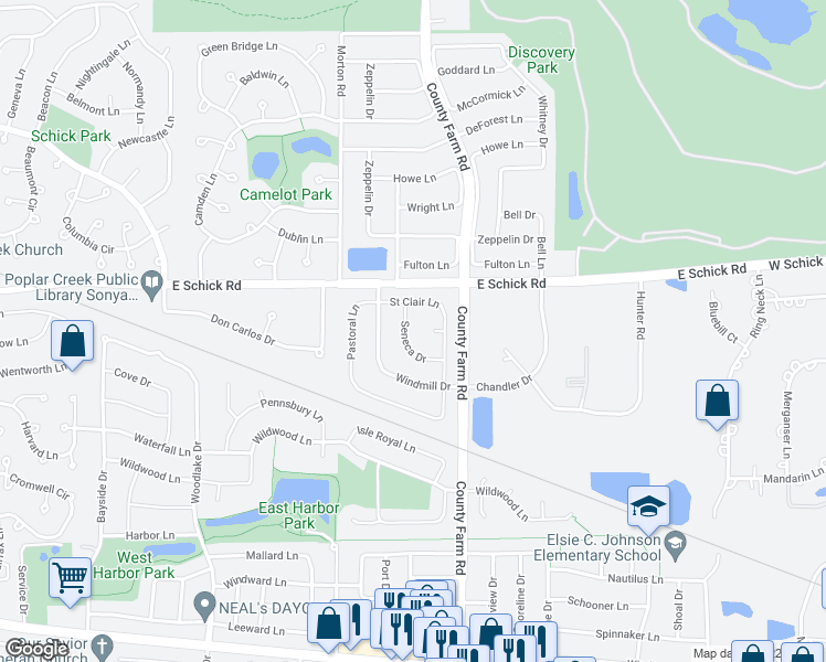 map of restaurants, bars, coffee shops, grocery stores, and more near 1910 Seneca Drive in Hanover Park