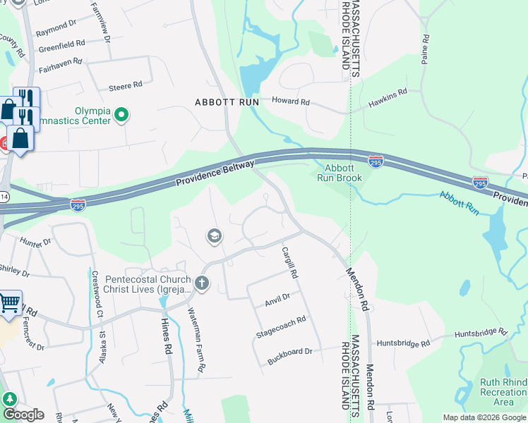 map of restaurants, bars, coffee shops, grocery stores, and more near 14 Apple Ridge Road in Cumberland
