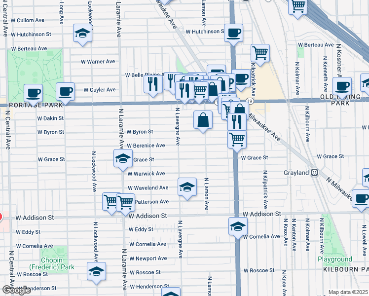map of restaurants, bars, coffee shops, grocery stores, and more near 4943 West Berenice Avenue in Chicago