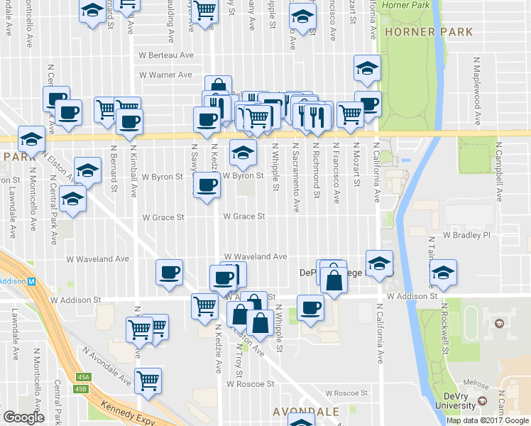 map of restaurants, bars, coffee shops, grocery stores, and more near 3046 West Grace Street in Chicago