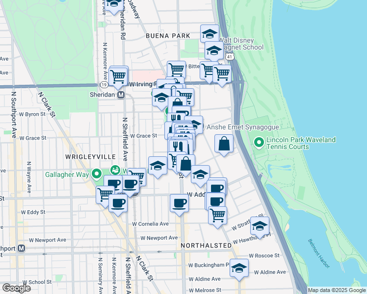 map of restaurants, bars, coffee shops, grocery stores, and more near 3745 North Halsted Street in Chicago