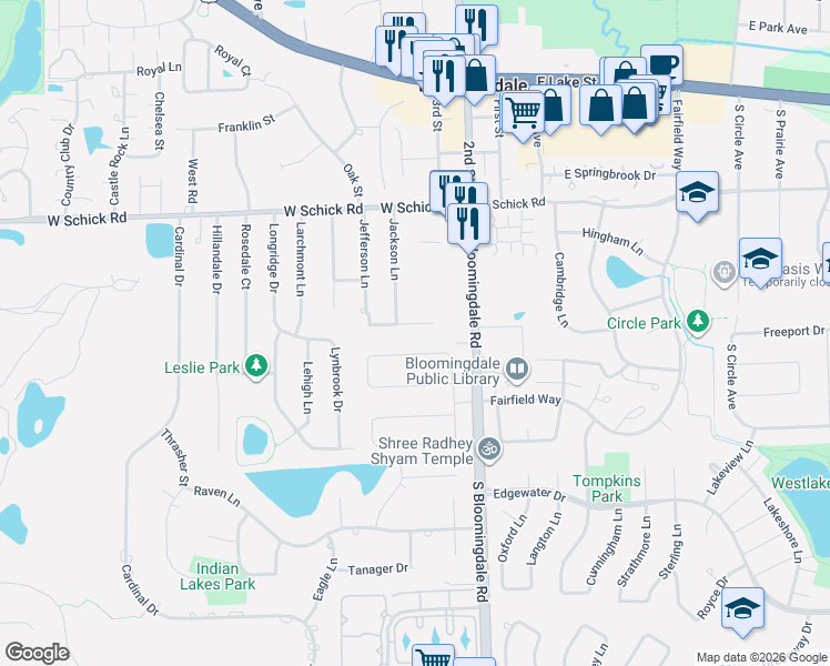 map of restaurants, bars, coffee shops, grocery stores, and more near 216 Independence Lane in Bloomingdale