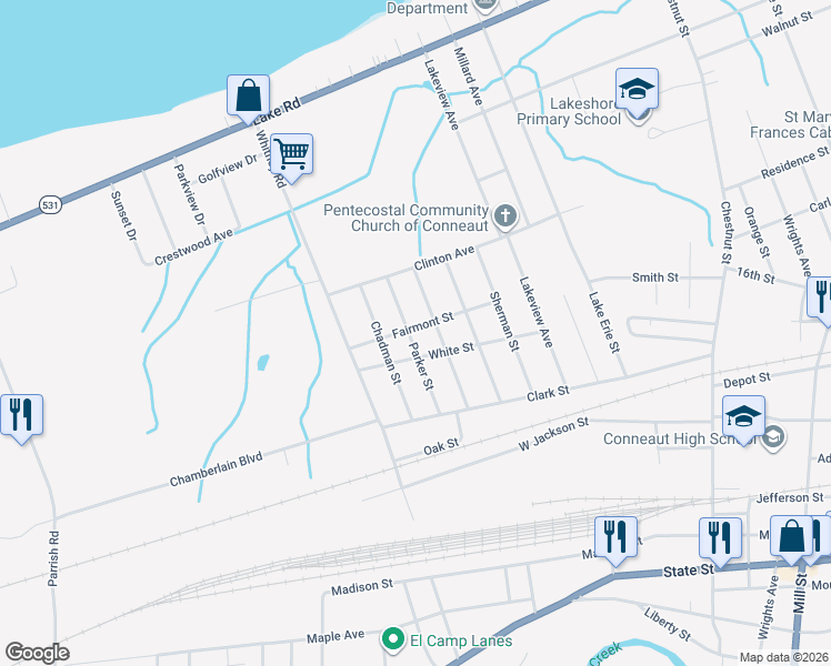 map of restaurants, bars, coffee shops, grocery stores, and more near 546 Parker Street in Conneaut