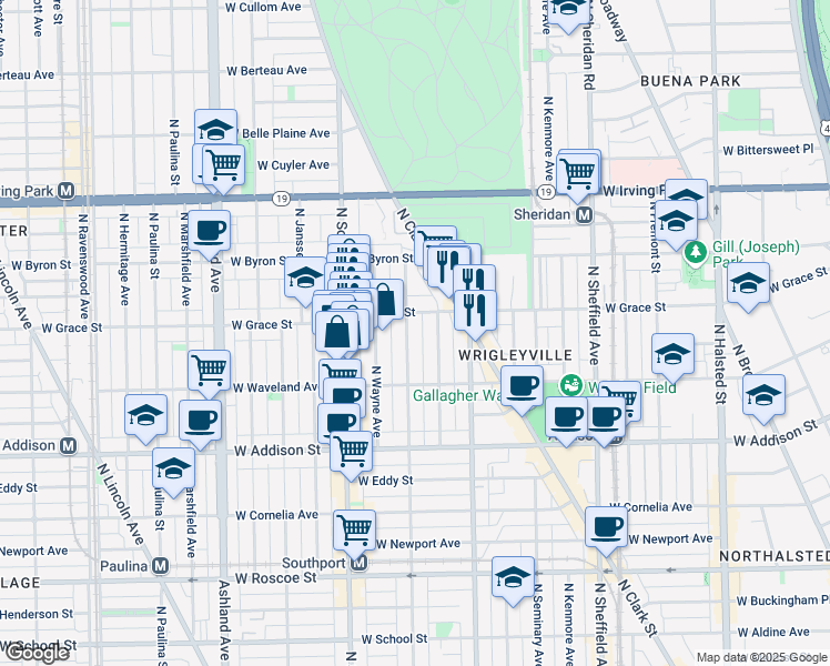 map of restaurants, bars, coffee shops, grocery stores, and more near 3751 North Lakewood Avenue in Chicago