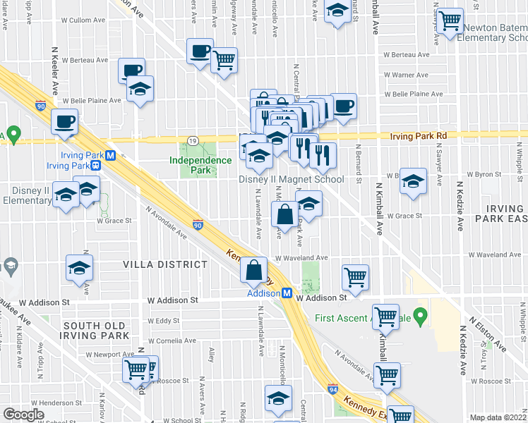 map of restaurants, bars, coffee shops, grocery stores, and more near 3809 North Lawndale Avenue in Chicago