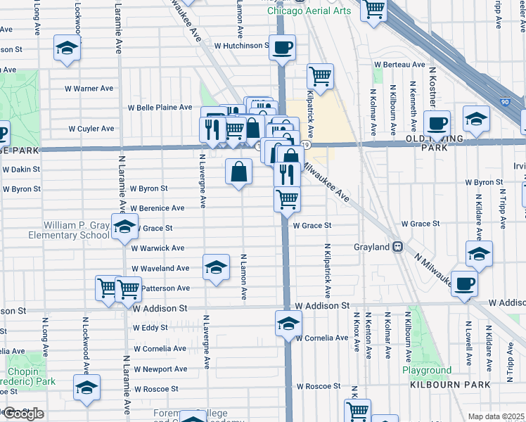 map of restaurants, bars, coffee shops, grocery stores, and more near 4831 West Berenice Avenue in Chicago