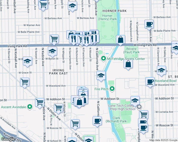 map of restaurants, bars, coffee shops, grocery stores, and more near 3755 North Mozart Street in Chicago