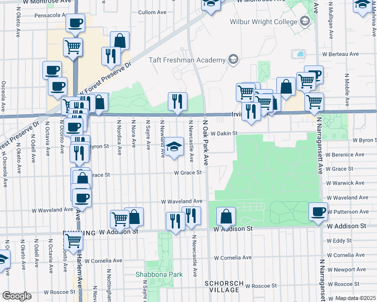 map of restaurants, bars, coffee shops, grocery stores, and more near 3846 North Newcastle Avenue in Chicago