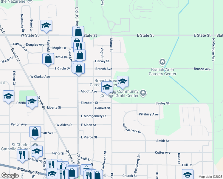 map of restaurants, bars, coffee shops, grocery stores, and more near 370 Morse Street in Coldwater