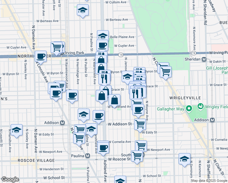 map of restaurants, bars, coffee shops, grocery stores, and more near 3755 North Bosworth Avenue in Chicago