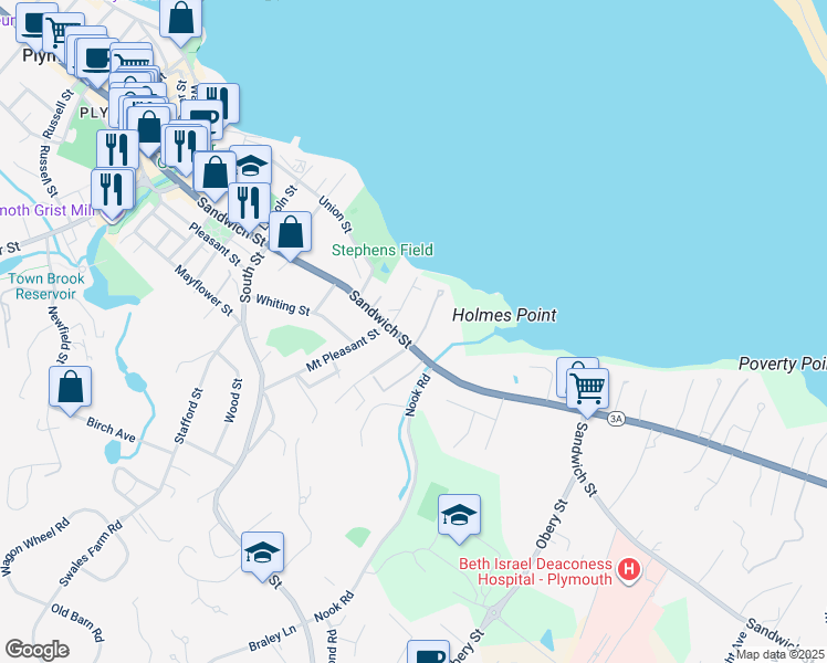 map of restaurants, bars, coffee shops, grocery stores, and more near 156A Sandwich Street in Plymouth