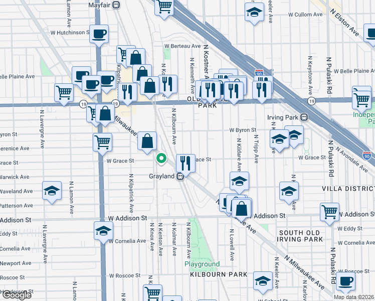 map of restaurants, bars, coffee shops, grocery stores, and more near 3818 North Kenneth Avenue in Chicago