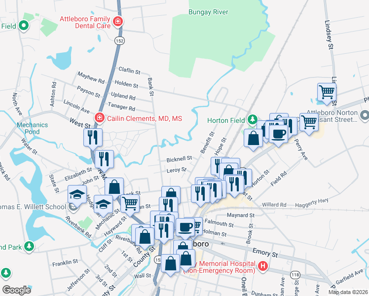 map of restaurants, bars, coffee shops, grocery stores, and more near 40 Bicknell Street in Attleboro