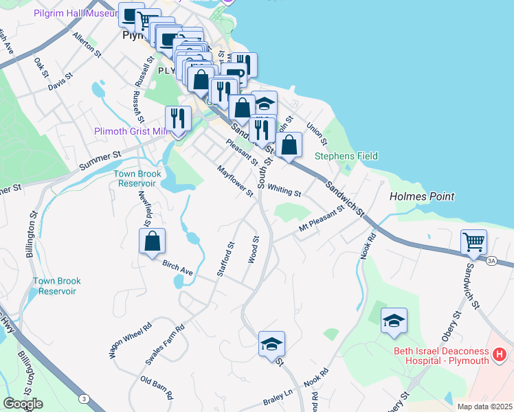 map of restaurants, bars, coffee shops, grocery stores, and more near 35 South Street in Plymouth