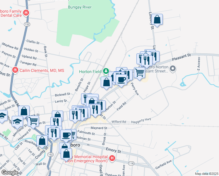 map of restaurants, bars, coffee shops, grocery stores, and more near 8 Angell Street in Attleboro