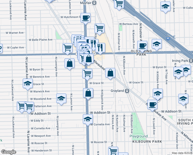 map of restaurants, bars, coffee shops, grocery stores, and more near 4721 West Berenice Avenue in Chicago