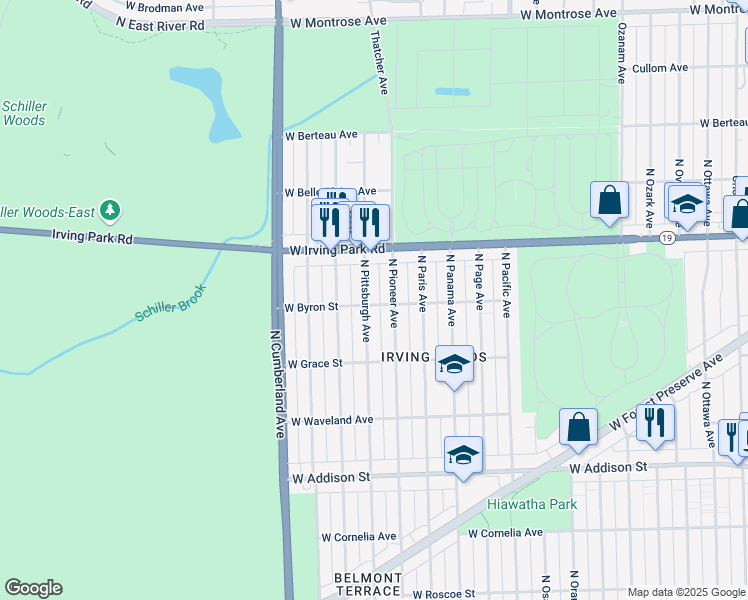 map of restaurants, bars, coffee shops, grocery stores, and more near 3901 North Pittsburgh Avenue in Chicago