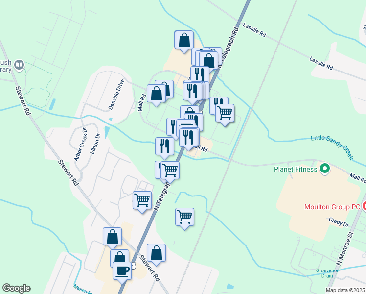 map of restaurants, bars, coffee shops, grocery stores, and more near 2323 North Telegraph Road in Monroe