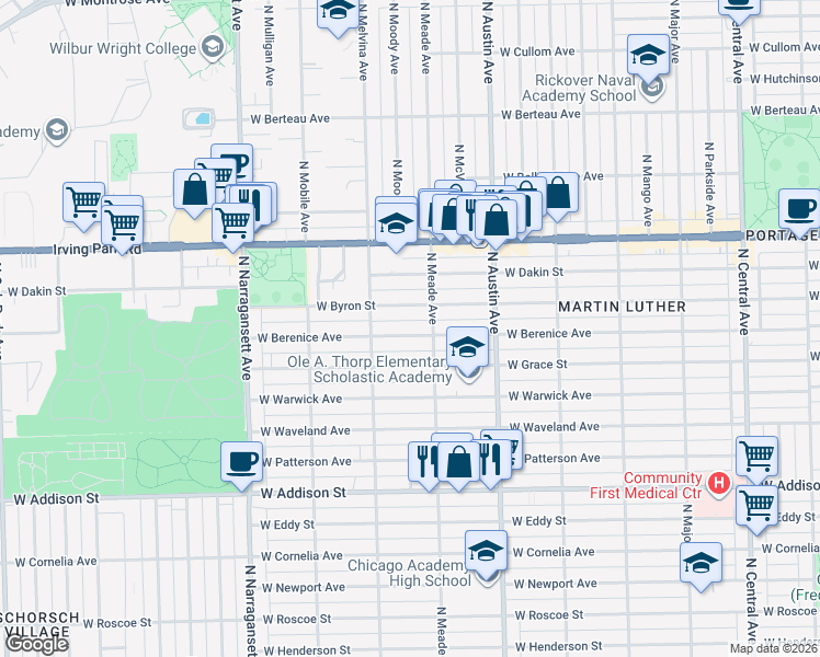 map of restaurants, bars, coffee shops, grocery stores, and more near 6120 West Berenice Avenue in Chicago