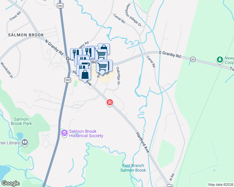 map of restaurants, bars, coffee shops, grocery stores, and more near 36 Rushford Meade in Granby
