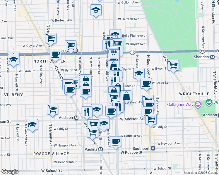map of restaurants, bars, coffee shops, grocery stores, and more near 1639 West Grace Street in Chicago