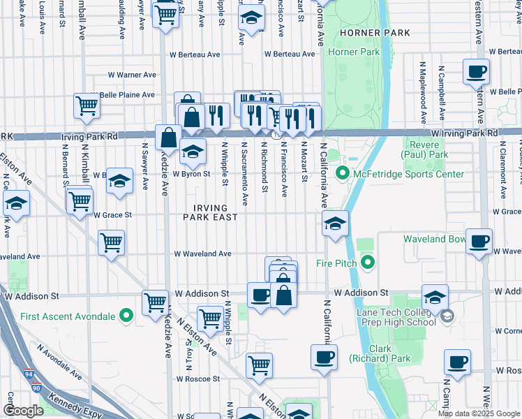 map of restaurants, bars, coffee shops, grocery stores, and more near 3802 North Richmond Street in Chicago