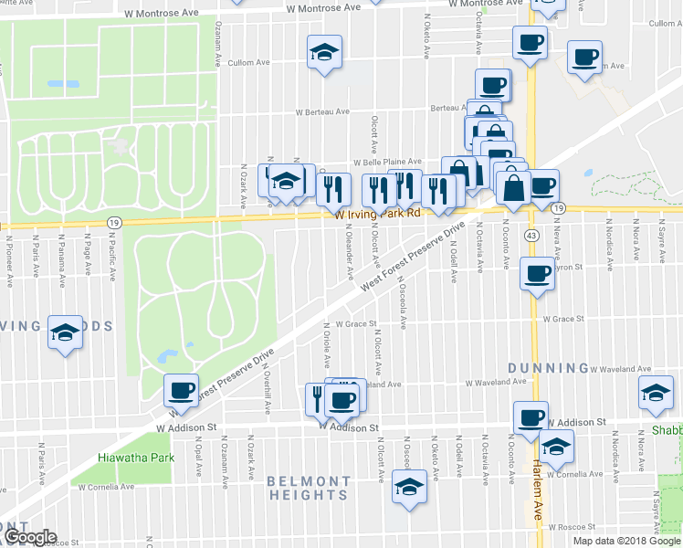 map of restaurants, bars, coffee shops, grocery stores, and more near 3916 North Oleander Avenue in Chicago