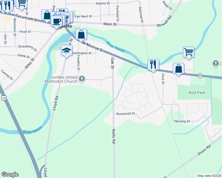 map of restaurants, bars, coffee shops, grocery stores, and more near 678 Oak Street in Dundee
