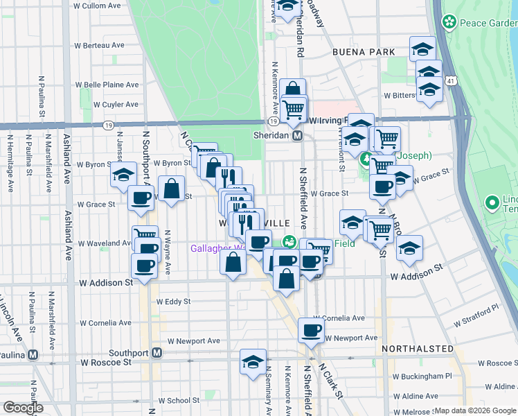 map of restaurants, bars, coffee shops, grocery stores, and more near 3749 North Clifton Avenue in Chicago