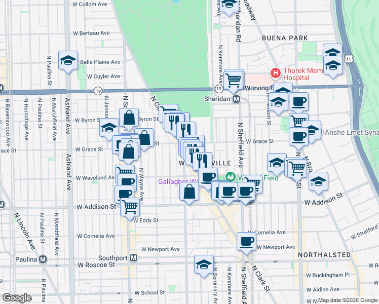 map of restaurants, bars, coffee shops, grocery stores, and more near 3730 North Clark Street in Chicago