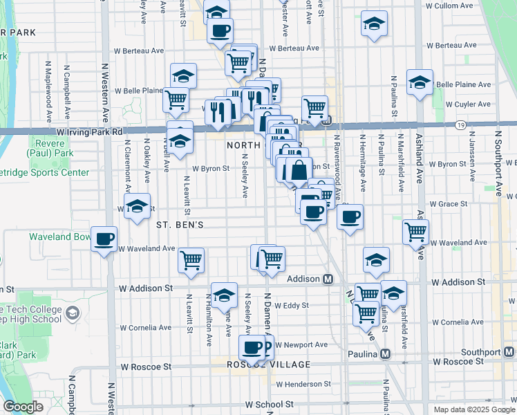 map of restaurants, bars, coffee shops, grocery stores, and more near 2018 West Grace Street in Chicago