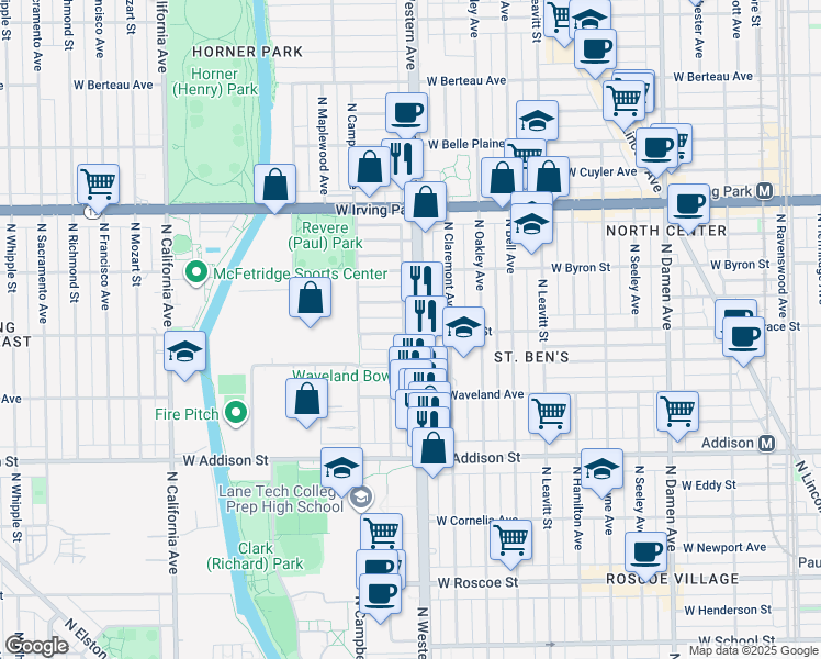 map of restaurants, bars, coffee shops, grocery stores, and more near 3800 North Western Avenue in Chicago