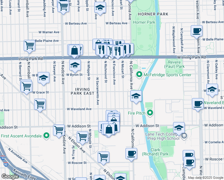 map of restaurants, bars, coffee shops, grocery stores, and more near 3803 North Francisco Avenue in Chicago