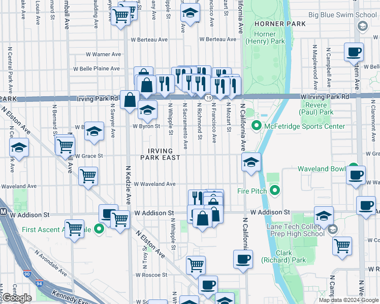 map of restaurants, bars, coffee shops, grocery stores, and more near 3802 North Richmond Street in Chicago
