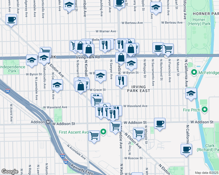 map of restaurants, bars, coffee shops, grocery stores, and more near 3804 North Sawyer Avenue in Chicago