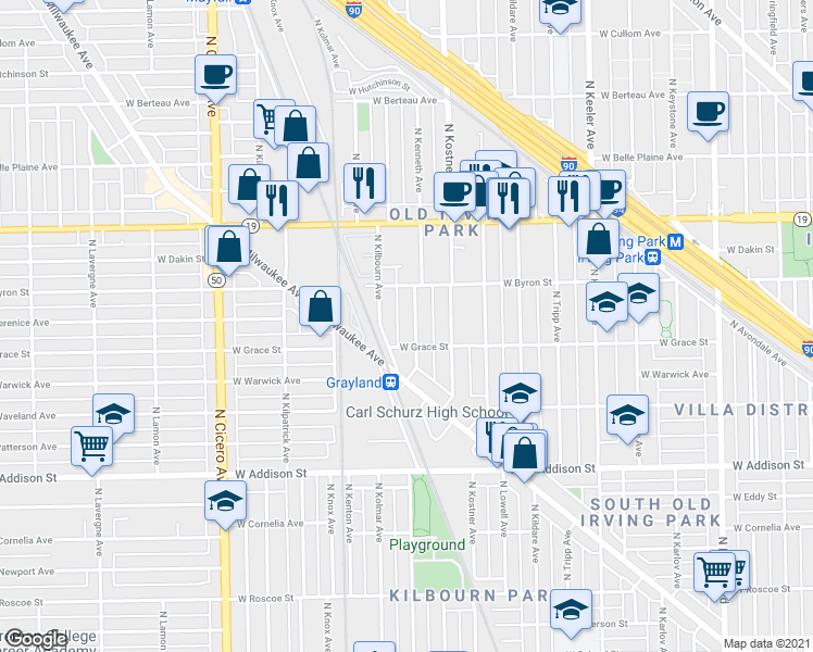 map of restaurants, bars, coffee shops, grocery stores, and more near 3818 North Kenneth Avenue in Chicago