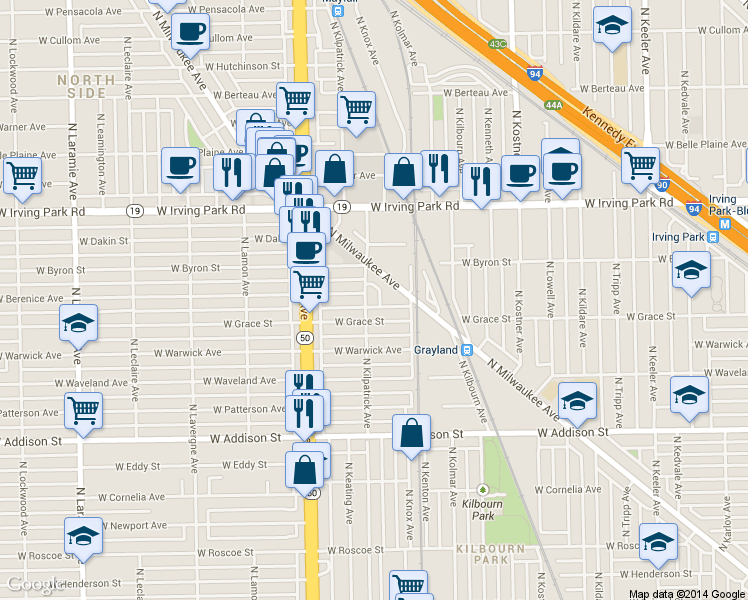 map of restaurants, bars, coffee shops, grocery stores, and more near 3821 North Kilpatrick Avenue in Chicago