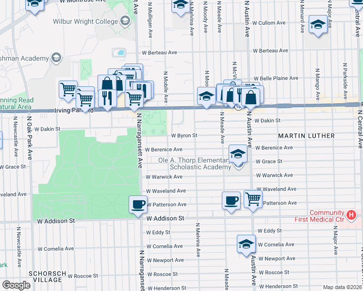 map of restaurants, bars, coffee shops, grocery stores, and more near 6234 West Berenice Avenue in Chicago