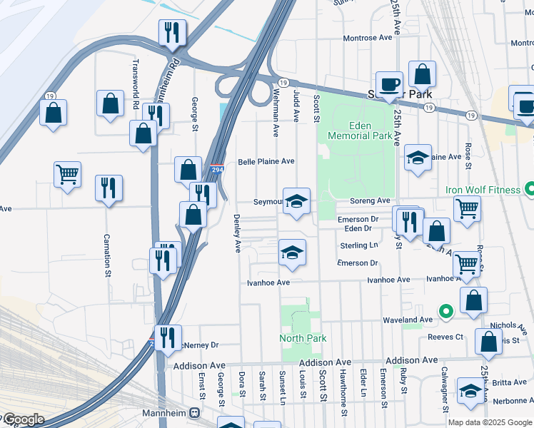 map of restaurants, bars, coffee shops, grocery stores, and more near 3948 Wehrman Avenue in Schiller Park
