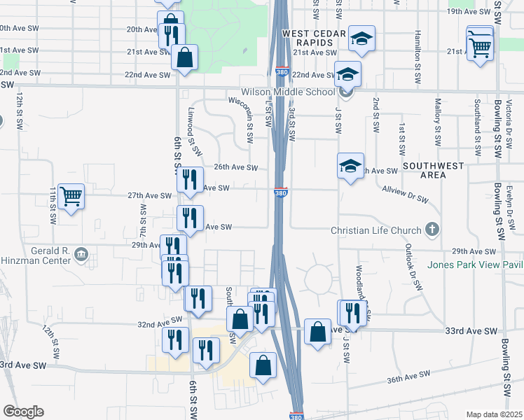 map of restaurants, bars, coffee shops, grocery stores, and more near 349 27th Avenue Southwest in Cedar Rapids