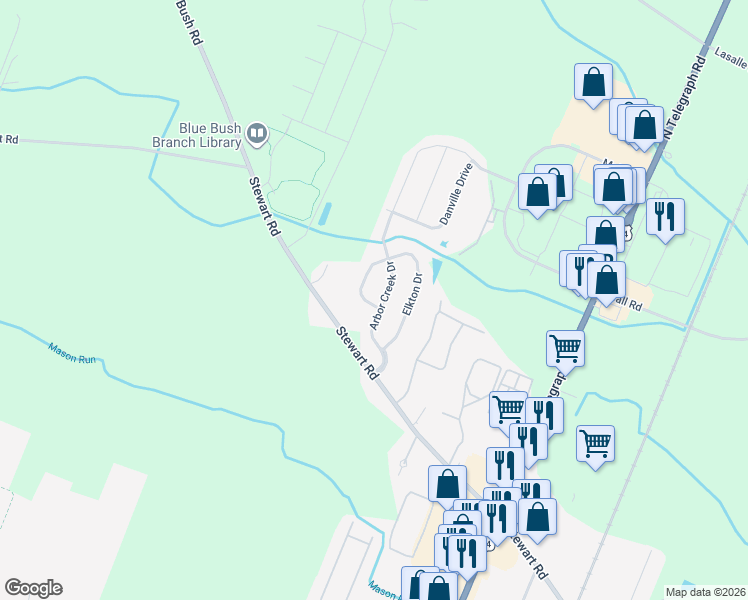 map of restaurants, bars, coffee shops, grocery stores, and more near 1849 Arbor Creek Drive in Monroe