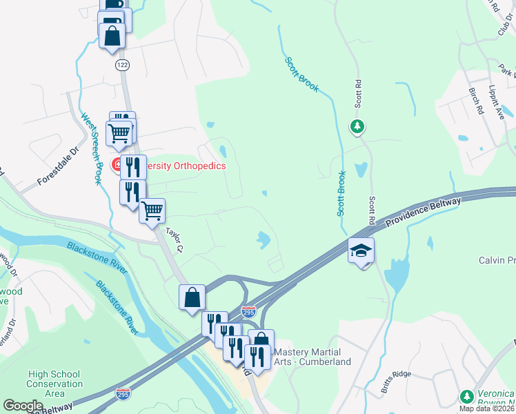map of restaurants, bars, coffee shops, grocery stores, and more near 100 Crossing Drive in Cumberland