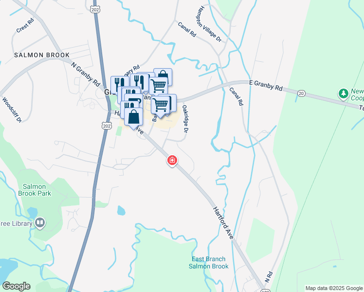 map of restaurants, bars, coffee shops, grocery stores, and more near 36 Rushford Meade in Granby