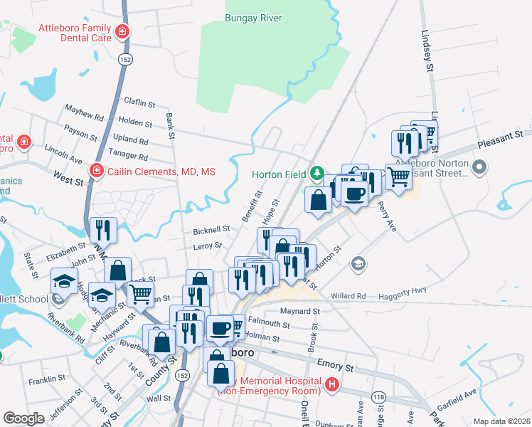 map of restaurants, bars, coffee shops, grocery stores, and more near 38 Hope Street in Attleboro